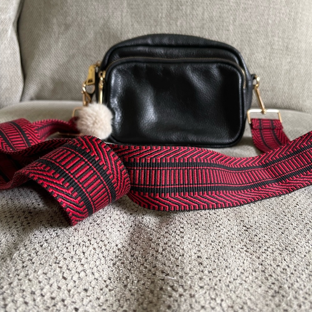 Pom Pom London crossbody bag with red/black strap